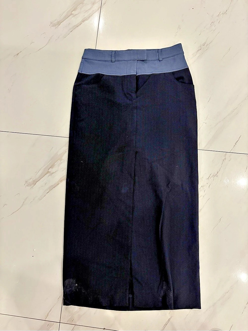 Zara Contrasting Waist Pencil Skirt Navy & Blue pinestripe